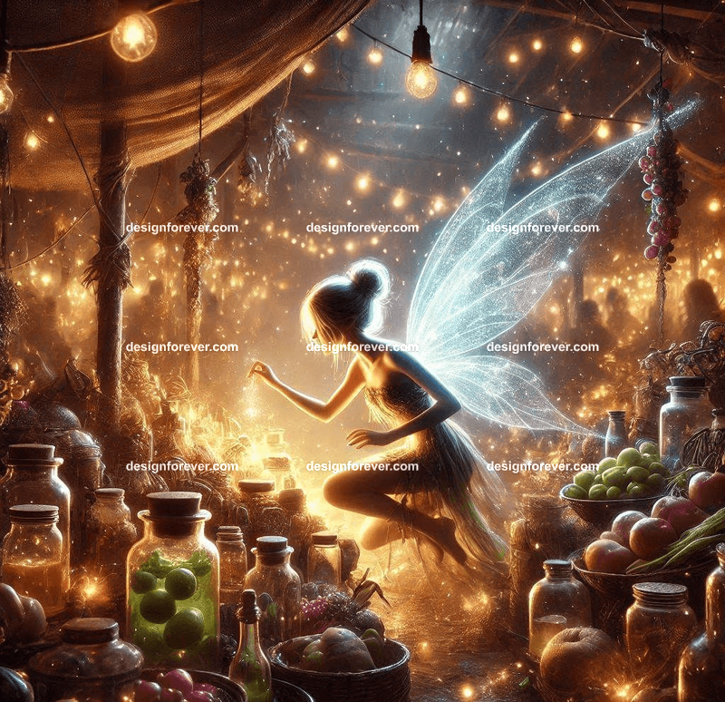 A bustling marketplace of fairies trading glowing potions, enchanted trinkets, and magical fruits under string lights
