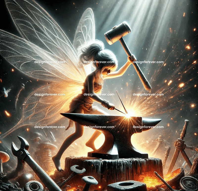 "A tiny fairy hammering glowing metal on a miniature forge, surrounded by enchanted tools and glowing embers