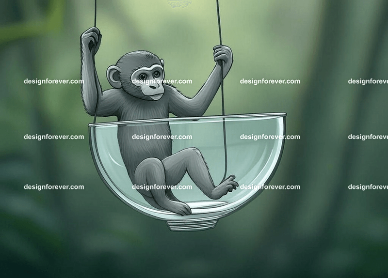 glass monkey swinging within glass bowl like a snow globe