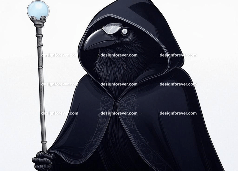 Mysterious raven in a dark hooded cloak