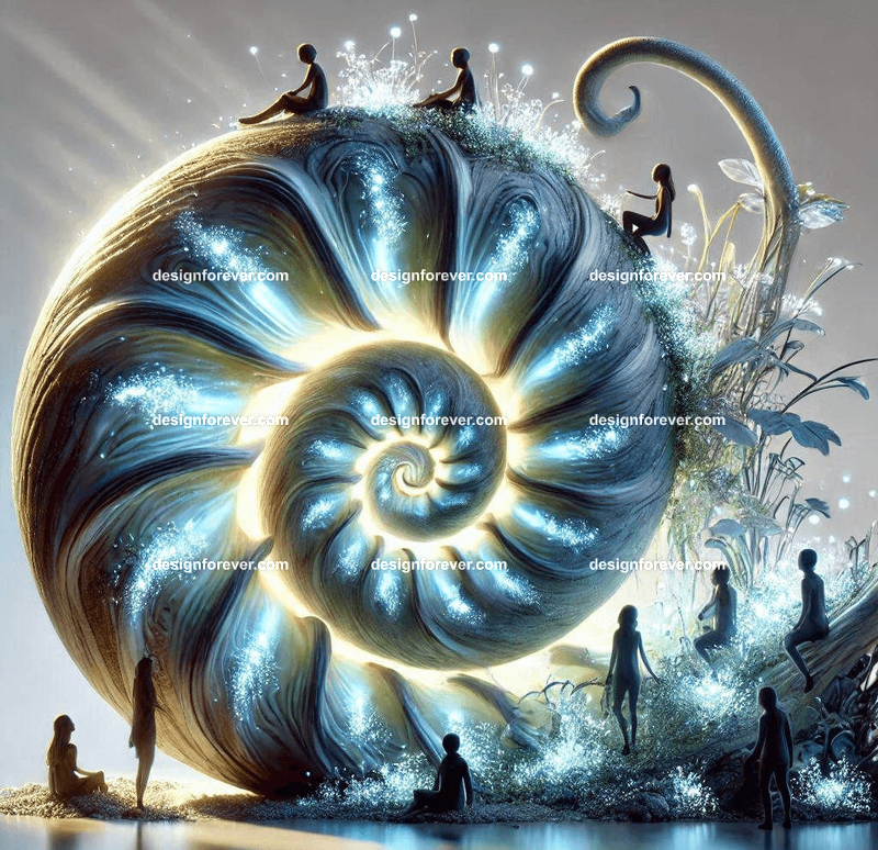 A community of fairies living inside a giant, spiraling snail shell, its surface glowing with bioluminescent patterns