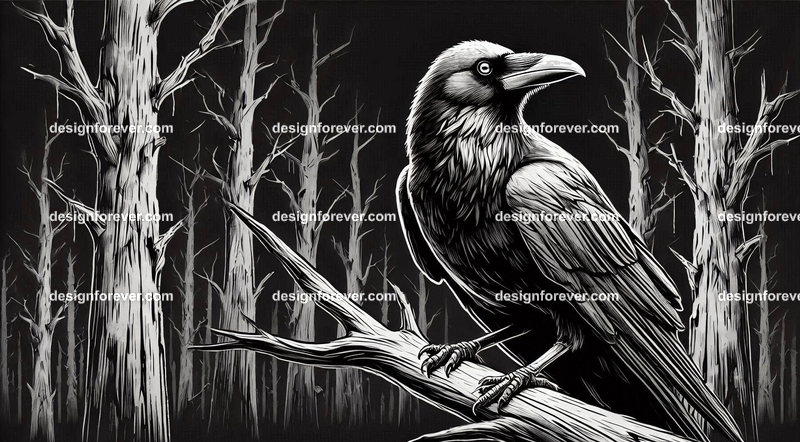 crow on a dead branch in creepy dark woods with dead trees