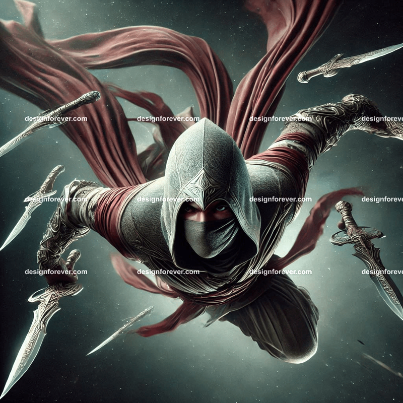 assassin in air with knives