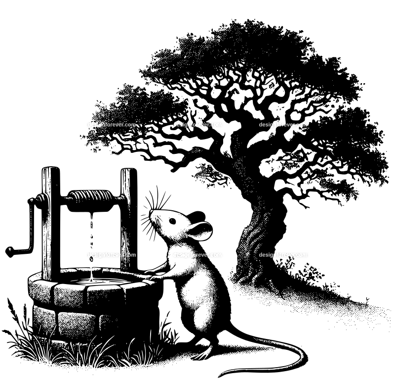 anthromorphic mouse digging vegetables next to old oak tree