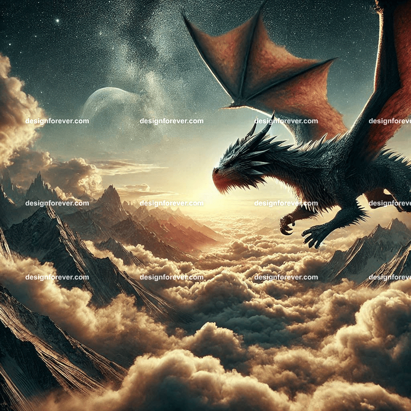 The flight of the dragons above majestic clouds and extreme frontal closeup of a dragon and strong highlights