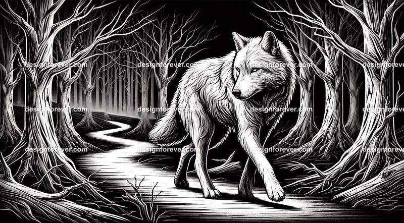 a wolf walking on a windy path in creepy dark woods with dead trees