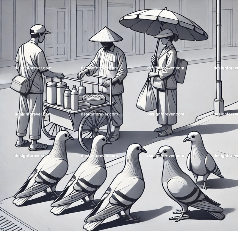 Anthropomorphs pigeons as street vendors