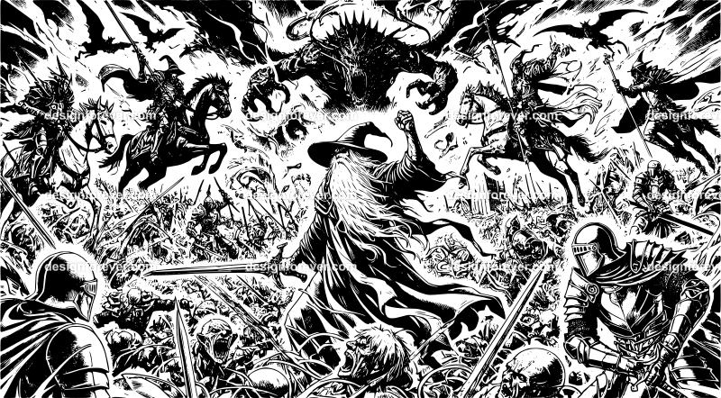 epic scene of wizards and knights and elves fighting against raging horde of monsters