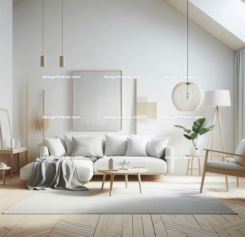 A minimalist Scandinavian interior with light wood textures, clean furniture, and a soothing palette of whites and grays