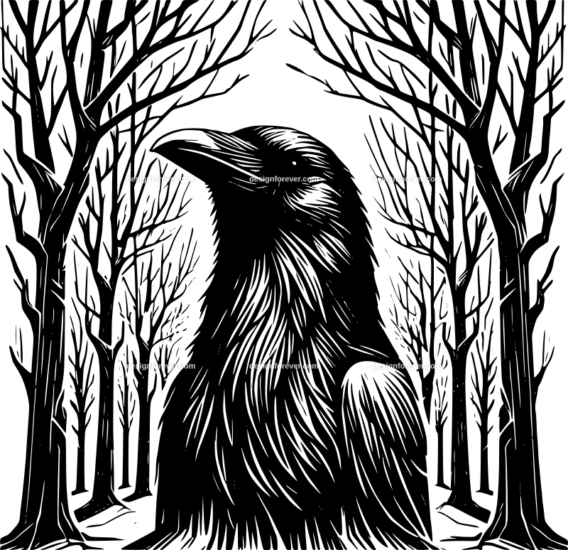 a crow with red eyes in forest of dead trees