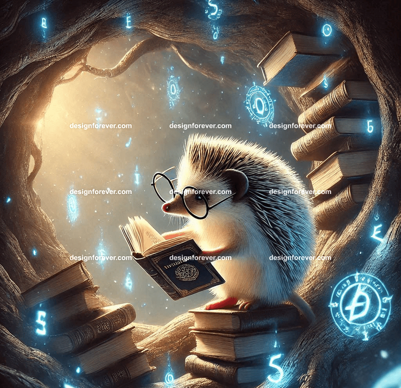 A hedgehog wearing tiny reading glasses, cataloging magical books in a hollow tree filled with glowing runes