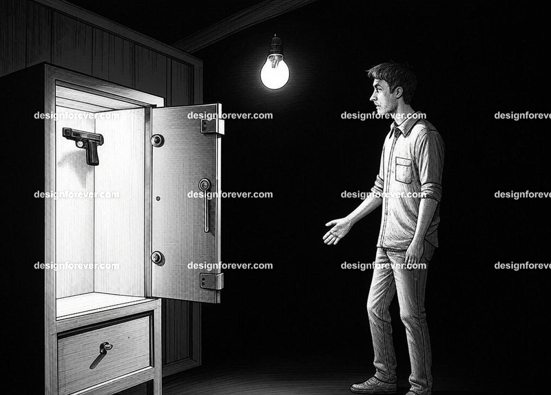 man finds a gun in safe inside his neighbor's shed with harsh light by overhead bulb in complete darkness