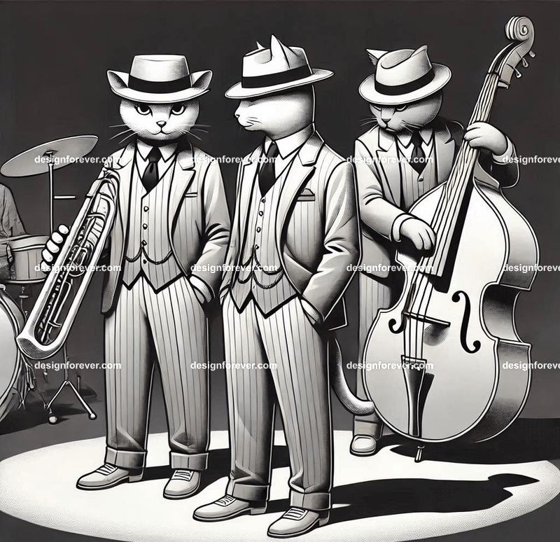Anthropomorphs as 1920s jazz musicians with suits, fedoras, and instruments