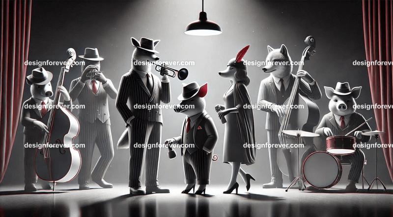 Anthropomorphs red riding hood and pigs and wolves as 1920s jazz musicians with suits, fedoras, and instruments in dark smoky room