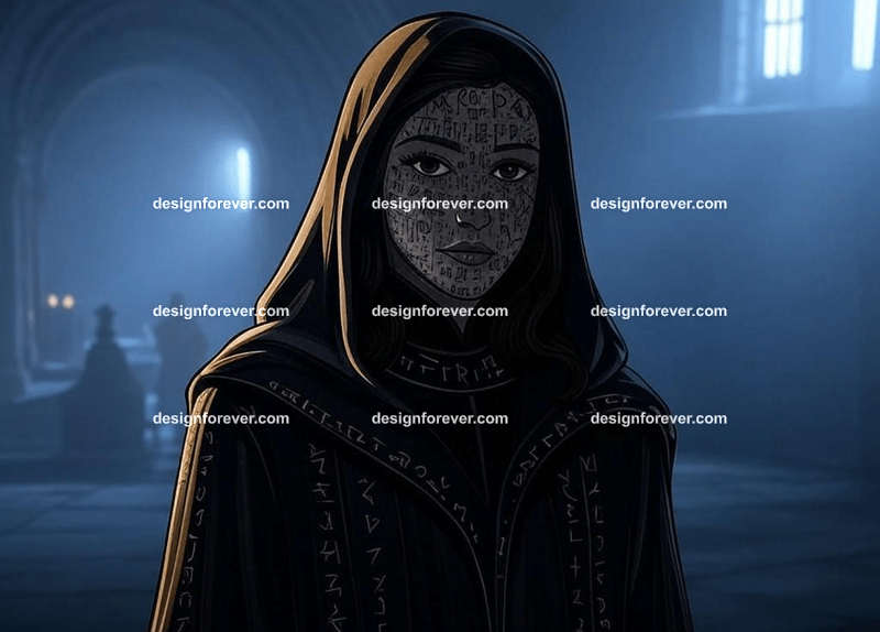 beautiful woman but with raven skin instead of human skin wearing black robe of magician with runes