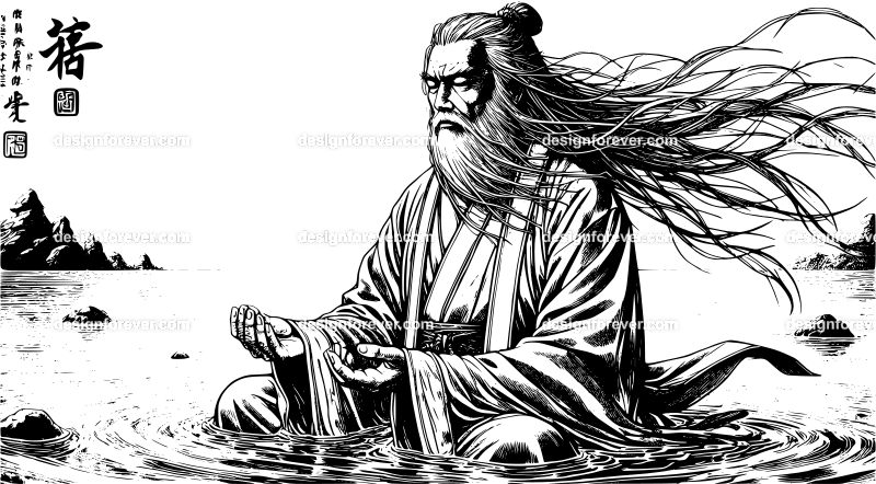 night scene wuxia playing flute on boat