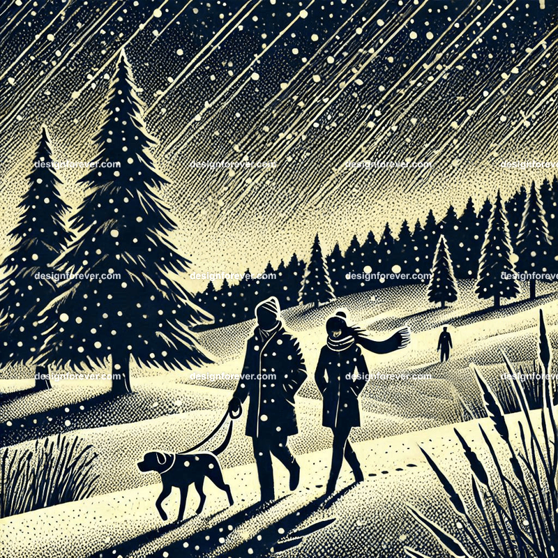 couple walking with a dog in winter