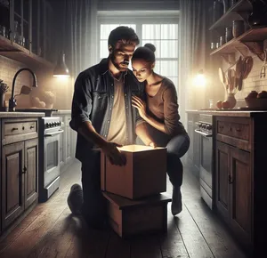 couple opening a mysterious box in kitchen