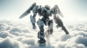the mech warrior walking amongst the clouds pure white background
