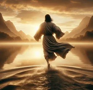 A master runs across a lake, robes flowing, water rippling under sunrise