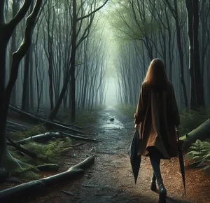 woman walking alone in woods with sense of dread
