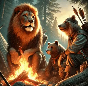 anthromorphic lion and bear adventurers around camp fire