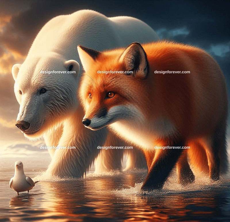 fox and polar bear waddling in water