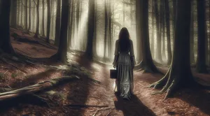 woman walking alone in woods with sense of dread