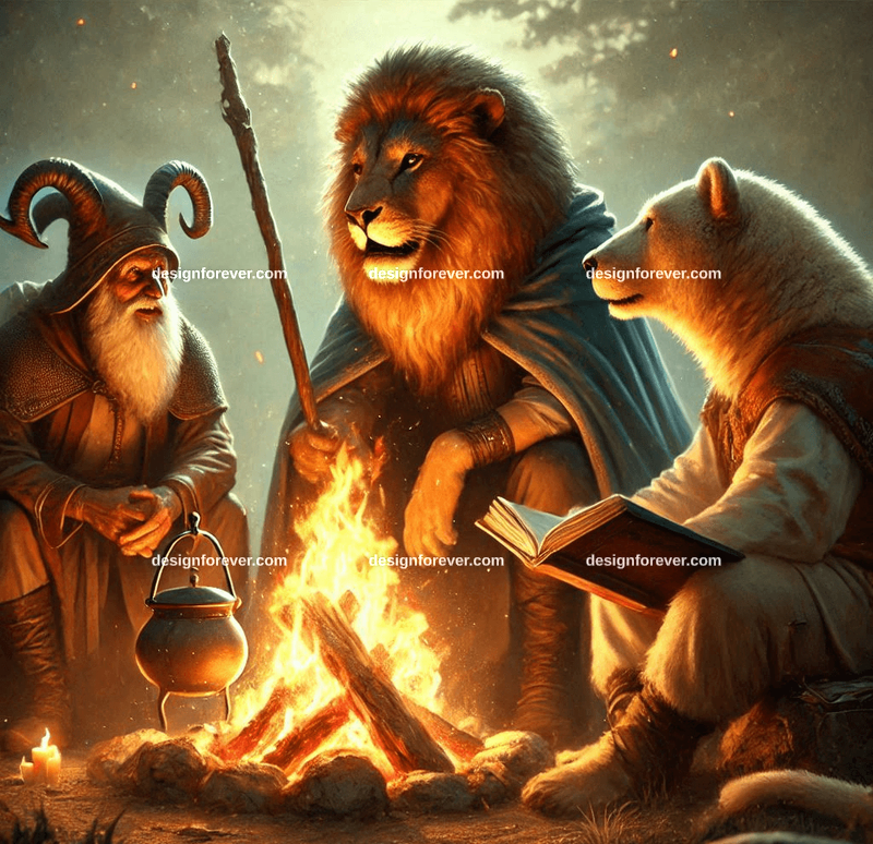 anthromorphic lion sorcerer and bear monk around camp fire