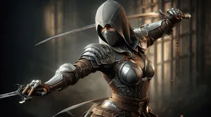 armored female assassin sword swing