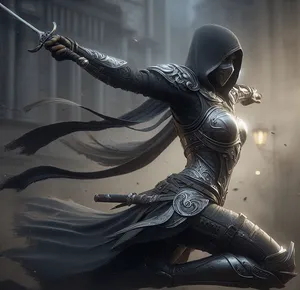 armored female assassin sword swing