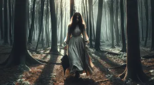 woman walking alone in woods with sense of dread