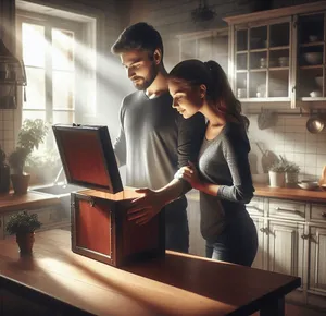 couple opening a mysterious box in kitchen