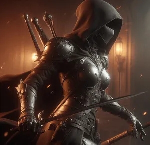 matte black armor female assassin body, no mask, warm amber sword swing