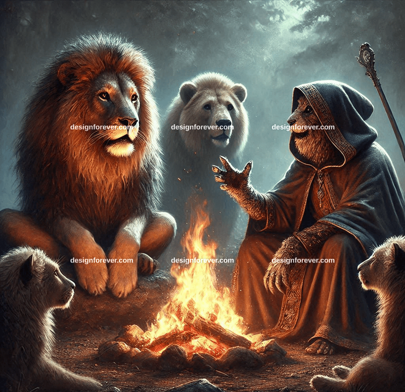 anthromorphic lion sorcerer and bear monk around camp fire