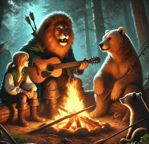 anthromorphic lion and bear adventurers around camp fire
