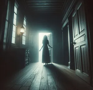 woman entering dark room in creepy house with dread