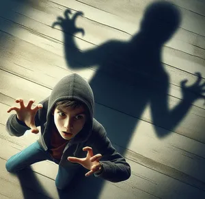 young boy casting huge scary long shadow with dread