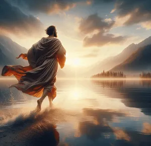 A master runs across a lake, robes flowing, water rippling under sunrise