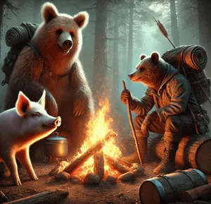 anthromorphic pig and bear adventurers around camp fire