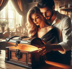 couple opening a mysterious box in kitchen
