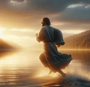 A master runs across a lake, robes flowing, water rippling under sunrise