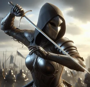 armored female assassin sword swing