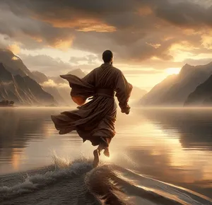 A master runs across a lake, robes flowing, water rippling under sunrise