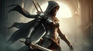 matte black armor female assassin body, no mask, warm amber sword swing