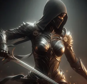 armored female assassin body matte black armor, warm amber sword swing