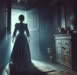 woman entering dark room in creepy house with dread