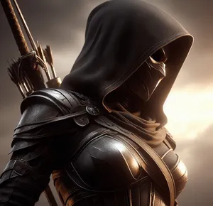 matte black armor female assassin body, no mask, warm amber sword swing