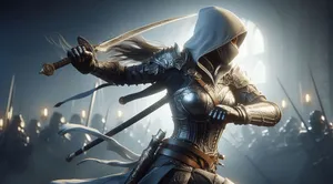 armored female assassin sword swing