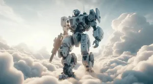the mech warrior walking amongst the clouds pure white background
